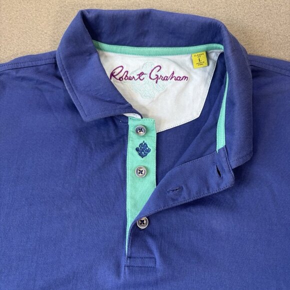 Robert Graham Shirt Mens Large Classic Fit Blue Solid Polo Colorful Short Sleeve - Picture 3 of 12